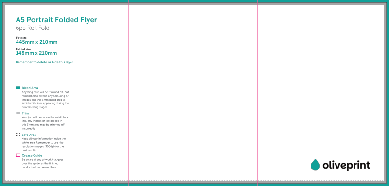 Folded Flyers & Leaflets: 445.5 x 210mm Unfolded – 6pp A5 Portrait (Roll Fold) artwork template preview