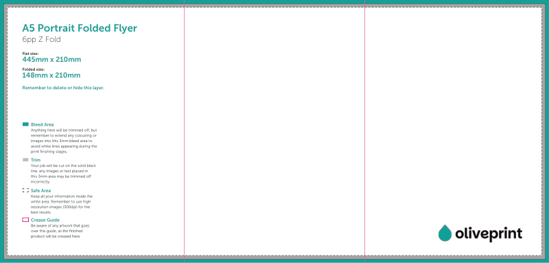 Folded Flyers & Leaflets: 445.5 x 210mm Unfolded – 6pp A5 Portrait (Z Fold) artwork template preview