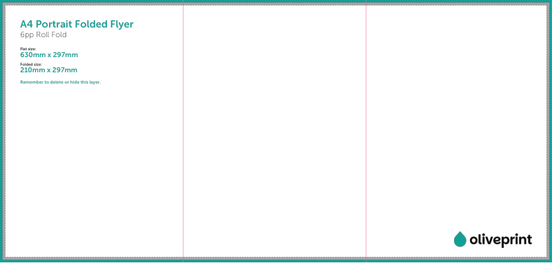 Folded Flyers & Leaflets: 630 x 297mm Unfolded – 6pp A4 (Roll Fold) artwork template preview