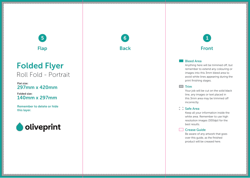 Folded Flyers & Leaflets: A3 (420 x 297mm) Unfolded – A3 Roll Fold artwork template preview