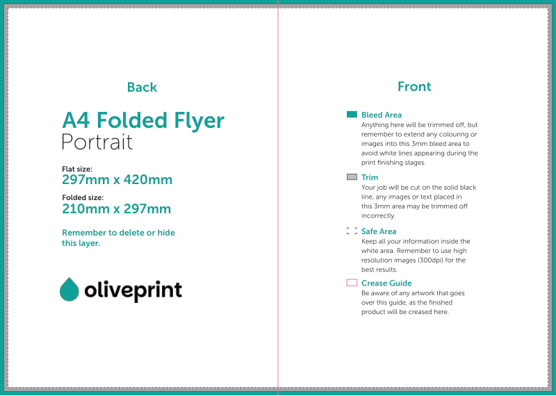 Folded Flyers & Leaflets: A3 (420 x 297mm) Unfolded – A4 Half Fold artwork template preview