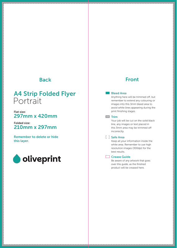 Folded Flyers & Leaflets: A3 (420 x 297mm) Unfolded – A4 Strip Half Fold artwork template preview