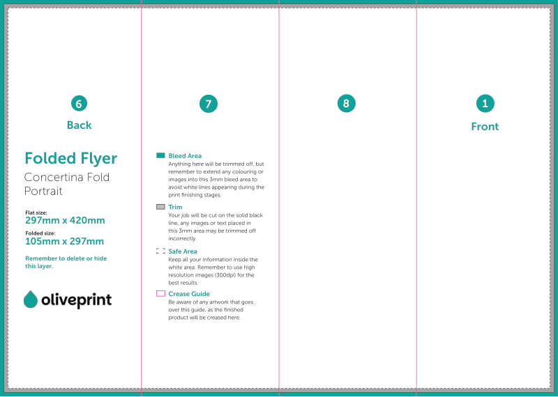 Folded Flyers & Leaflets: A3 (420 x 297mm) Unfolded – A5 Concertina Fold artwork template preview