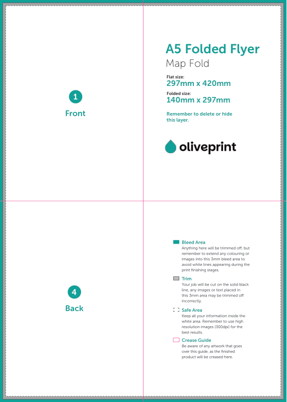 Folded Flyers & Leaflets: A3 (420 x 297mm) Unfolded – A5 Map Fold artwork template preview