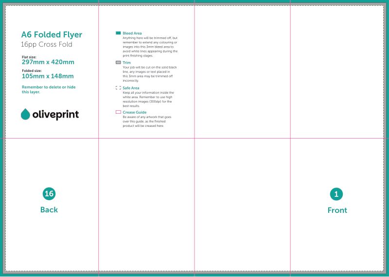 Folded Flyers & Leaflets: A3 (420 x 297mm) Unfolded – A6 Cross Fold artwork template preview