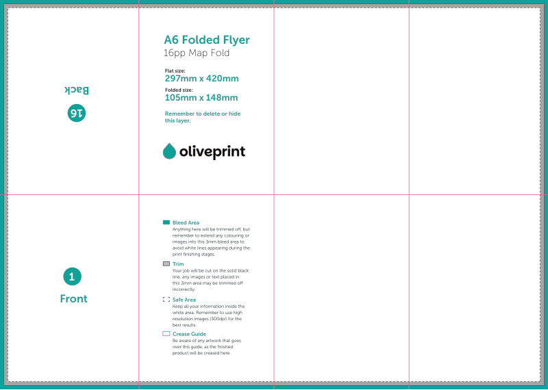 Folded Flyers & Leaflets: A3 (420 x 297mm) Unfolded – A6 Map Fold artwork template preview