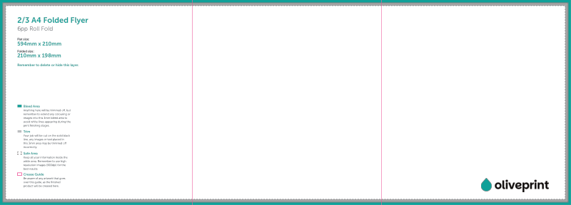 Folded Flyers & Leaflets: A3 Strip (594 x 210mm) Unfolded – 6pp 210 x 198 (Roll Fold) artwork template preview
