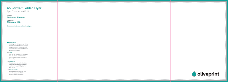 Folded Flyers & Leaflets: A3 Strip (594 x 210mm) Unfolded – 8pp A5 Portrait (Concertina Fold) artwork template preview