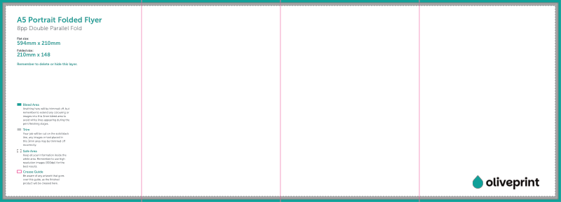 Folded Flyers & Leaflets: A3 Strip (594 x 210mm) Unfolded – 8pp A5 Portrait (Double Parallel Fold) artwork template preview