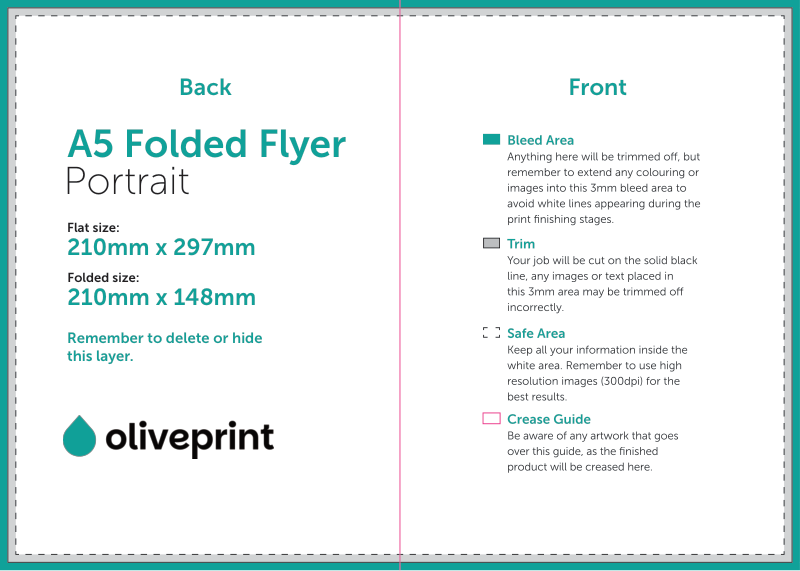 Folded Flyers & Leaflets: A4 (297 x 210mm) Unfolded – 4pp A5 (Half Fold) artwork template preview