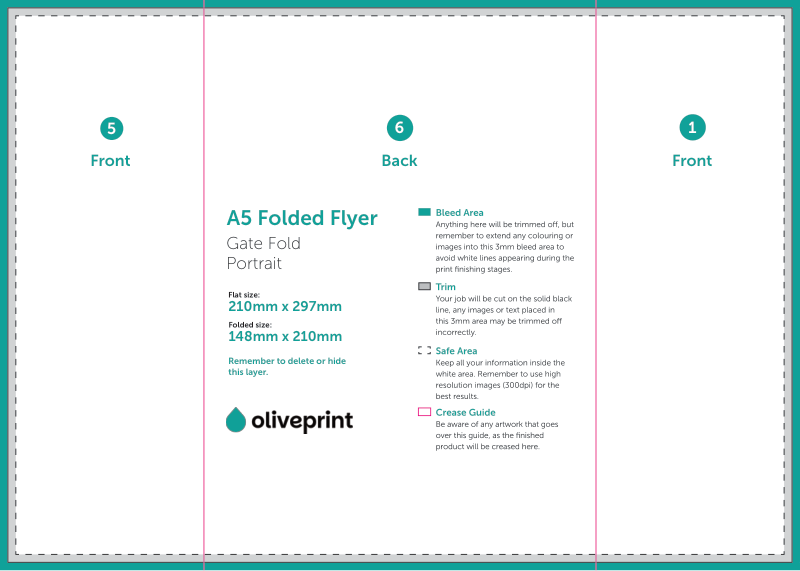 Folded Flyers & Leaflets: A4 (297 x 210mm) Unfolded – 6pp A5 (Gate Fold) artwork template preview