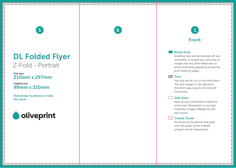Folded Flyers & Leaflets: A4 (297 x 210mm) Unfolded – 6pp DL (Z Fold) artwork template preview
