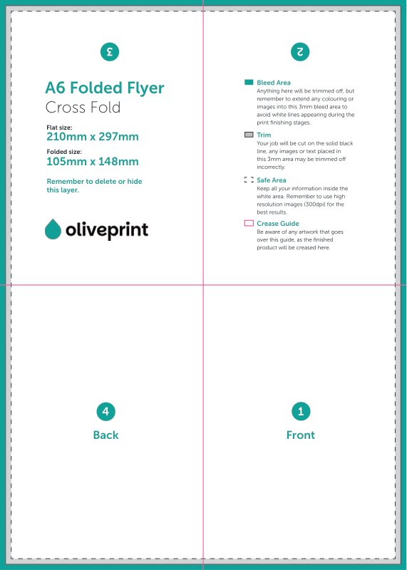 Folded Flyers & Leaflets: A4 (297 x 210mm) Unfolded – 8pp A6 (Cross Fold) artwork template preview