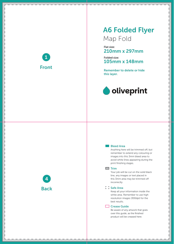 Folded Flyers & Leaflets: A4 (297 x 210mm) Unfolded – 8pp A6 (Map Fold) artwork template preview