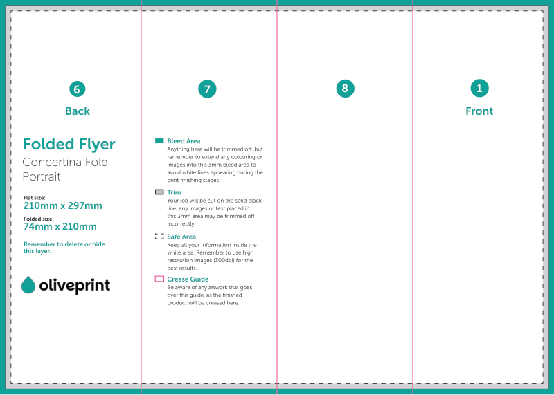 Folded Flyers & Leaflets: A4 (297 x 210mm) Unfolded – 8pp A6 Strip (Concertina Fold) artwork template preview
