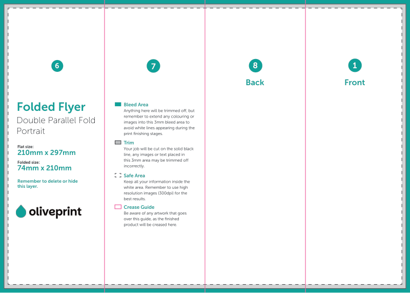 Folded Flyers & Leaflets: A4 (297 x 210mm) Unfolded – 8pp A6 Strip (Double Parallel Fold) artwork template preview