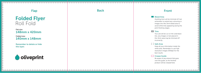 Folded Flyers & Leaflets: A4 Strip (420 x 148mm) Unfolded – 6pp 148 x 140 (Roll Fold) artwork template preview