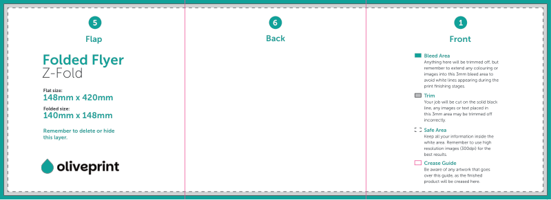 Folded Flyers & Leaflets: A4 Strip (420 x 148mm) Unfolded – 6pp 148 x 140 (Z Fold) artwork template preview