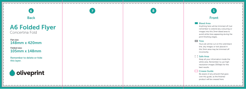 Folded Flyers & Leaflets: A4 Strip (420 x 148mm) Unfolded – 8pp A6 (Concertina Fold) artwork template preview