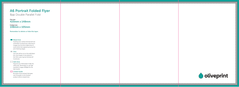 Folded Flyers & Leaflets: A4 Strip (420 x 148mm) Unfolded – 8pp A6 Portrait (Double Parallel Fold) artwork template preview