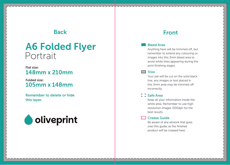 Folded Flyers & Leaflets: A5 (210 x 148.5mm) Unfolded – 4pp A6 (Half Fold) artwork template preview