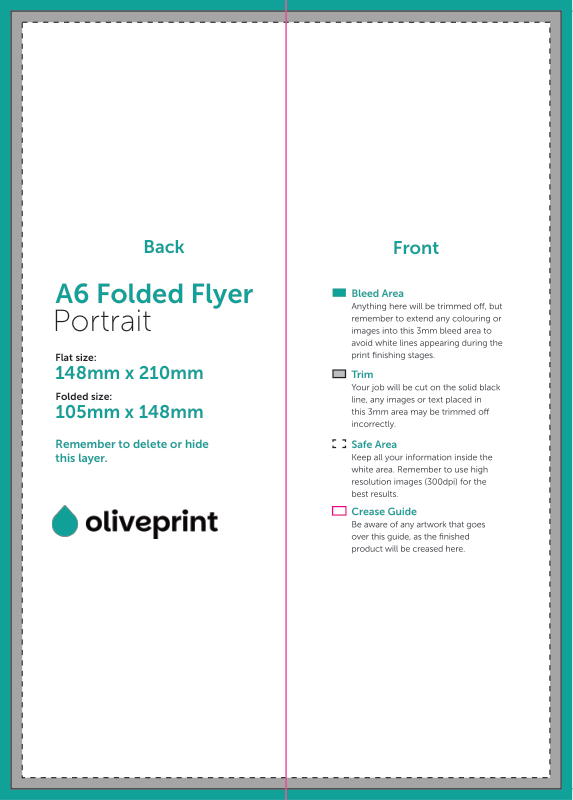 Folded Flyers & Leaflets: A5 (210 x 148.5mm) Unfolded – 4pp A6 Strip (Half Fold) artwork template preview