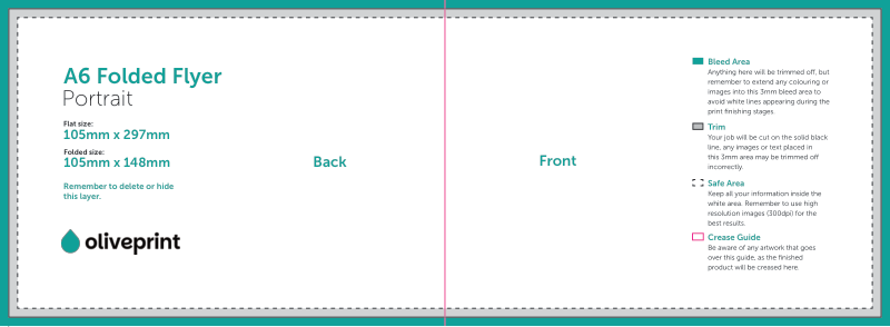Folded Flyers & Leaflets: A5 Strip (297 x 105mm) Unfolded – 4pp A6 Landscape (Half Fold) artwork template preview