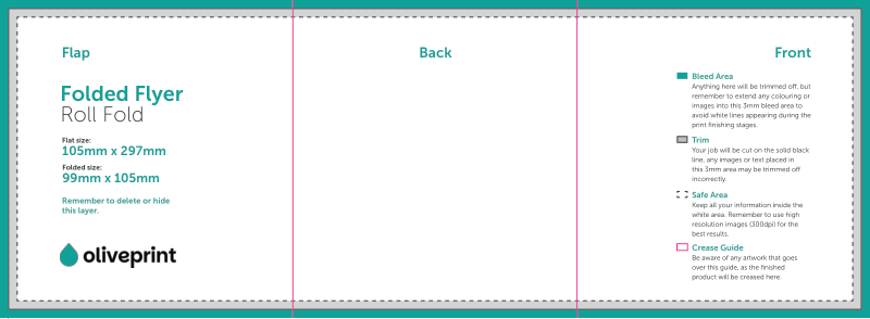 Folded Flyers & Leaflets: A5 Strip (297 x 105mm) Unfolded – 6pp 105 x 99 (Roll Fold) artwork template preview