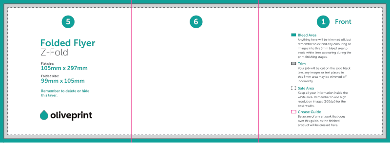 Folded Flyers & Leaflets: A5 Strip (297 x 105mm) Unfolded – 6pp 105 x 99 (Z Fold) artwork template preview