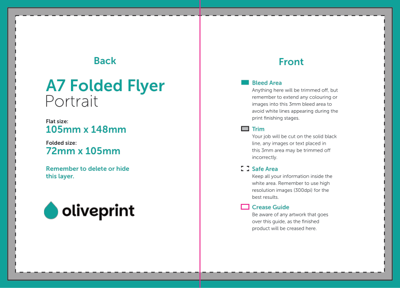 Folded Flyers & Leaflets: A6 (148.5 x 105mm) Unfolded – A7 Half Fold artwork template preview